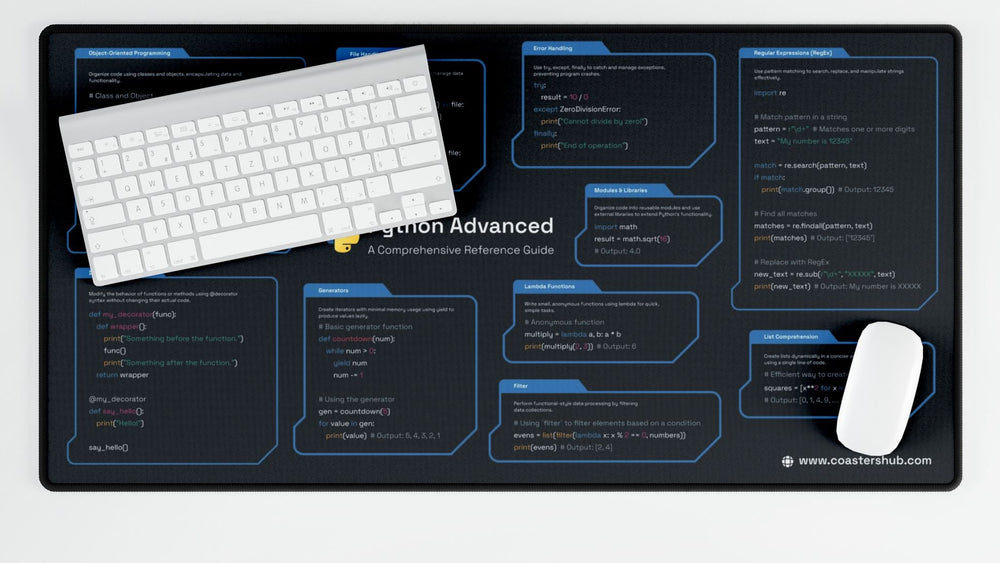 Advanced Python Reference Desk Pad for Developers showing complex syntax and decorators