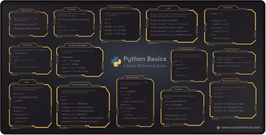 Python Basics Cheat Sheet Desk Pad for Students showing basic syntax and loops