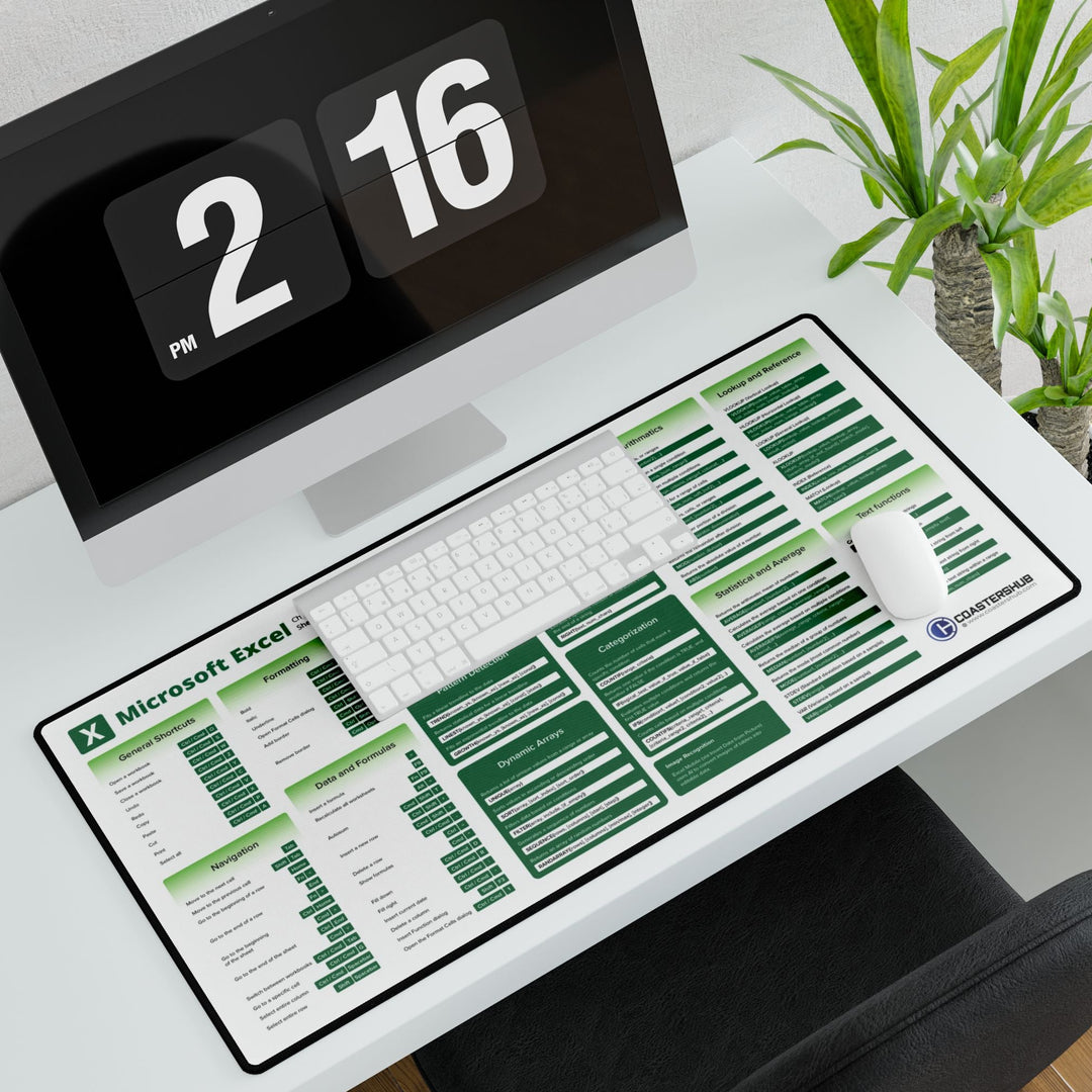 Close-up detail of the Excel desk mat showing legible shortcuts for formatting, navigation, and formulas