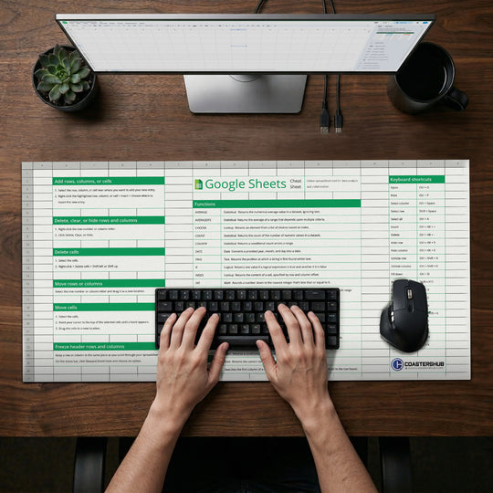 Close-up of Google Sheets desk mat showing high-contrast text for VLOOKUP and pivot table shortcuts