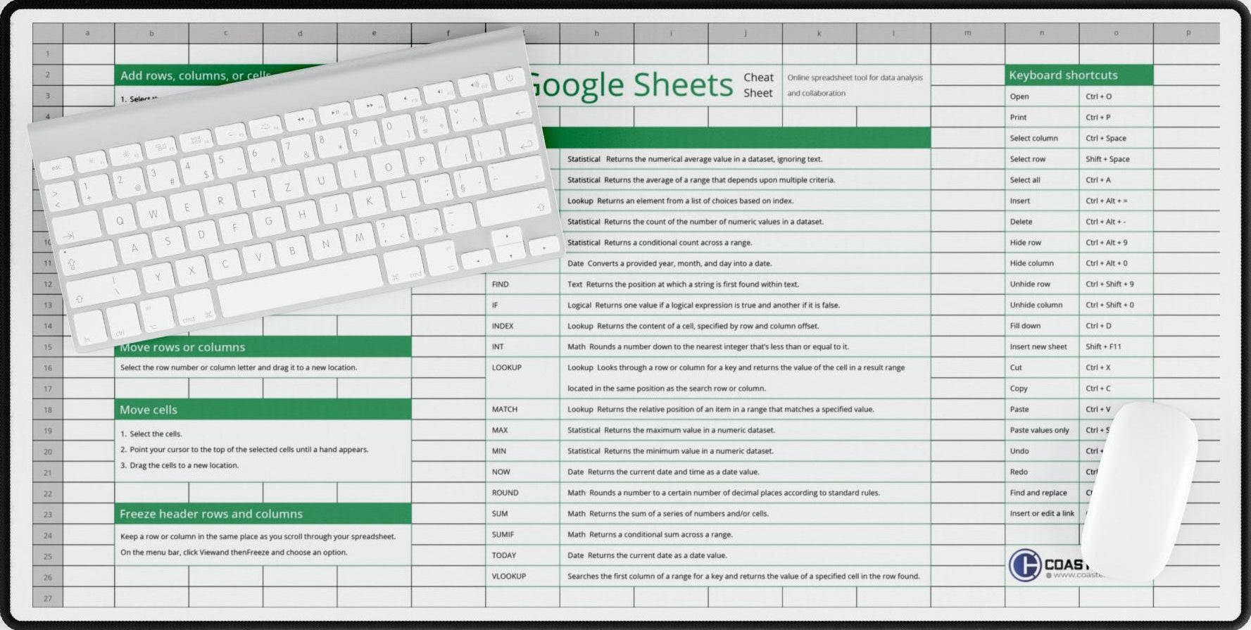 Modern home office setup showing the large Google Sheets desk mat under a dual-monitor setup and wireless keyboard