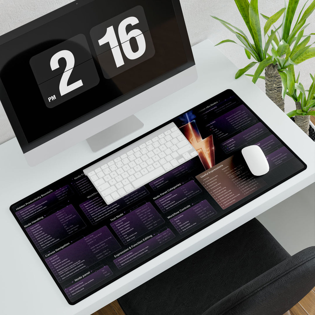 Professional developer desk setup showing the large n8n mousepad under a laptop and mechanical keyboard to demonstrate its 90cm width